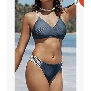 Cupshe Ribbed Two Piece Matching Bikini Set Swimsuit Blue Small